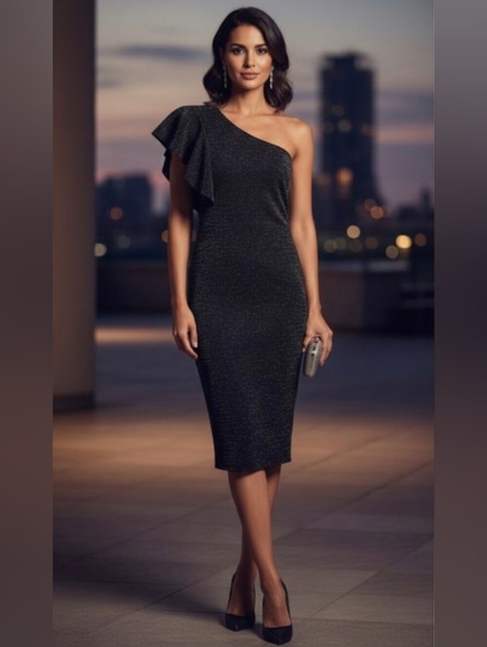 ✨🖤Riki's Black Sparkly One-Shoulder Cocktail Dress - Ruffle Detail size 14 🖤✨